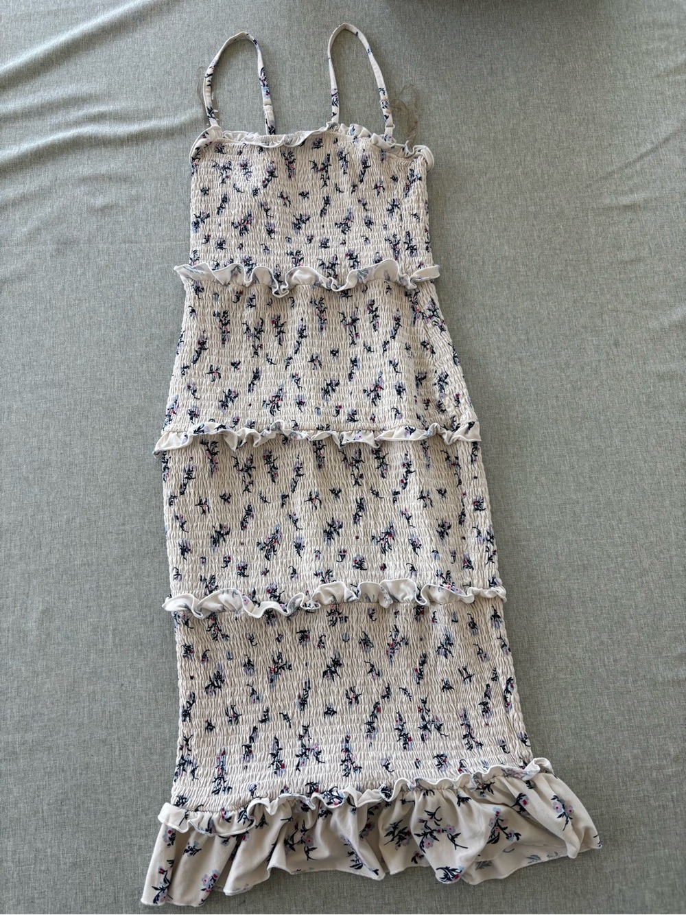 No Boundaries Cream Floral Smocked Midi Dress with Navy and Pink Accents